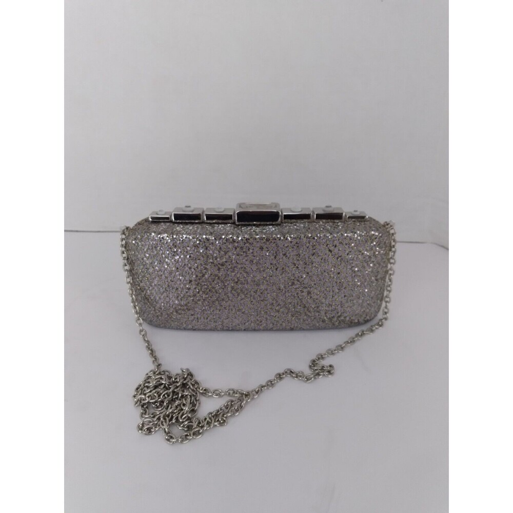 Elegant Silver Glitter Evening Clutch Bag with Crystal Embellishment Chain Strap